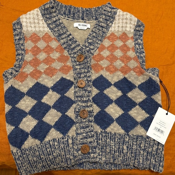 Re/Done 50s Preppy Academia Diamond-Jacquard Linen-Blend Cardigan Vest